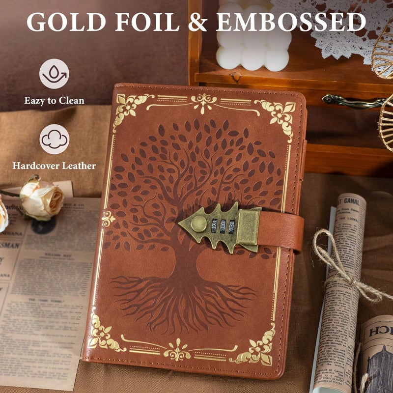 WEMATE Lock Journal with Pen & Gift Box, A5 260 Pages, Refillable, Hardcover Leather Password Notebook for Writing, Vintage Lock Diary for Women, Girls, Men, Students, 8.6 x 5.8 in, Brown - Image 5